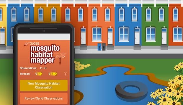 The landing screen for the Mosquito Habitat Mapper tool in the foreground, with a scene of rowhouses, a pond, a tire, etc. showing examples of mosquito habitats.