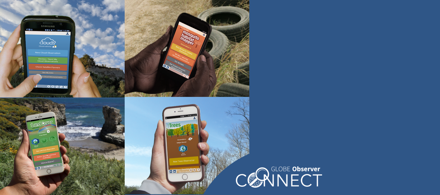 Hands holding phones with each of the landing screens for Clouds, Mosquito Habitat Mapper, Land Cover and Trees in front of backgrounds representing the data collected by each of the four tools. Text says GLOBE Observer Connect.